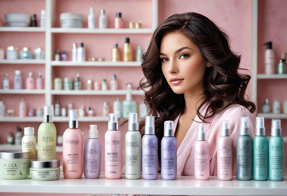 A stylish, elegantly groomed individual with luscious, well-maintained hair flowing gracefully, surrounded by luxurious haircare products like serums and sprays. The background features a soft, pastel-colored salon setting with chic decor. Emphasize textures of hair and the sheen of beauty products, creating a warm and inviting atmosphere. elegant style, soft focus, vibrant colors.