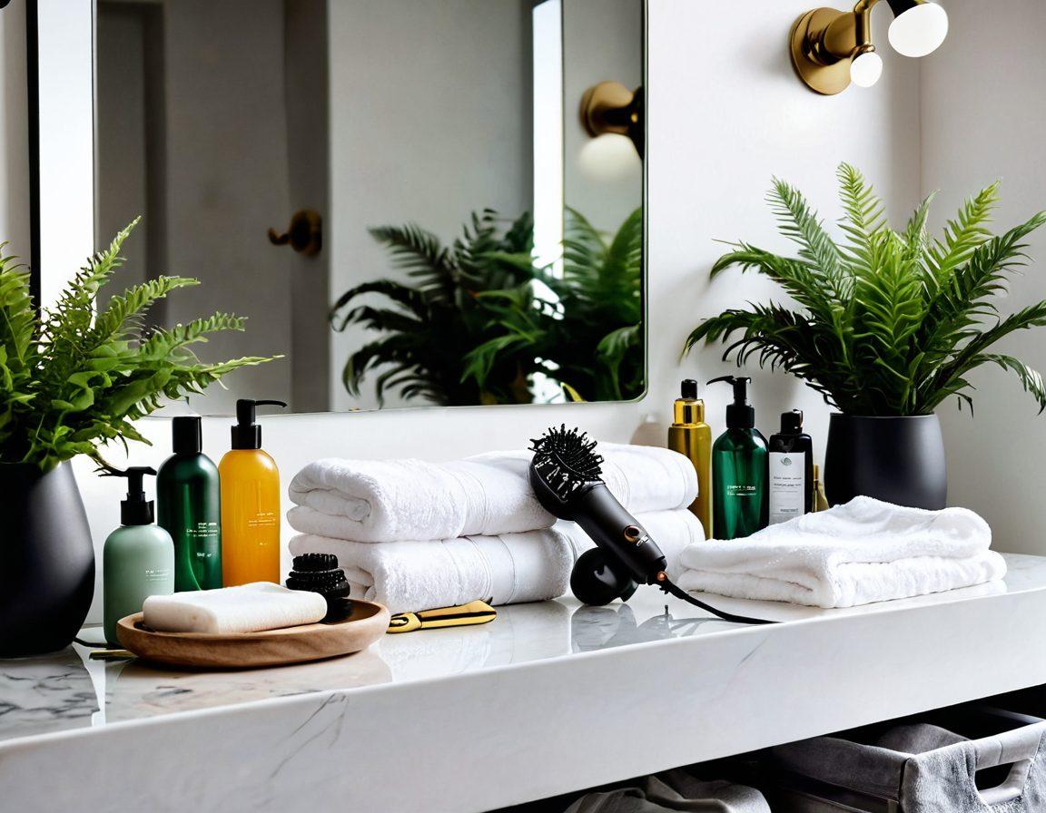 A cozy bathroom scene featuring an array of luxurious haircare products and grooming tools, surrounded by fluffy towels and lush plants. A stylish hairdryer and a mirror reflecting a chic hairstyle embodying the ultimate in personal grooming. The atmosphere exudes warmth and comfort, inviting the reader to embrace their fuzzy side. soft lighting, vibrant colors, super-realistic.